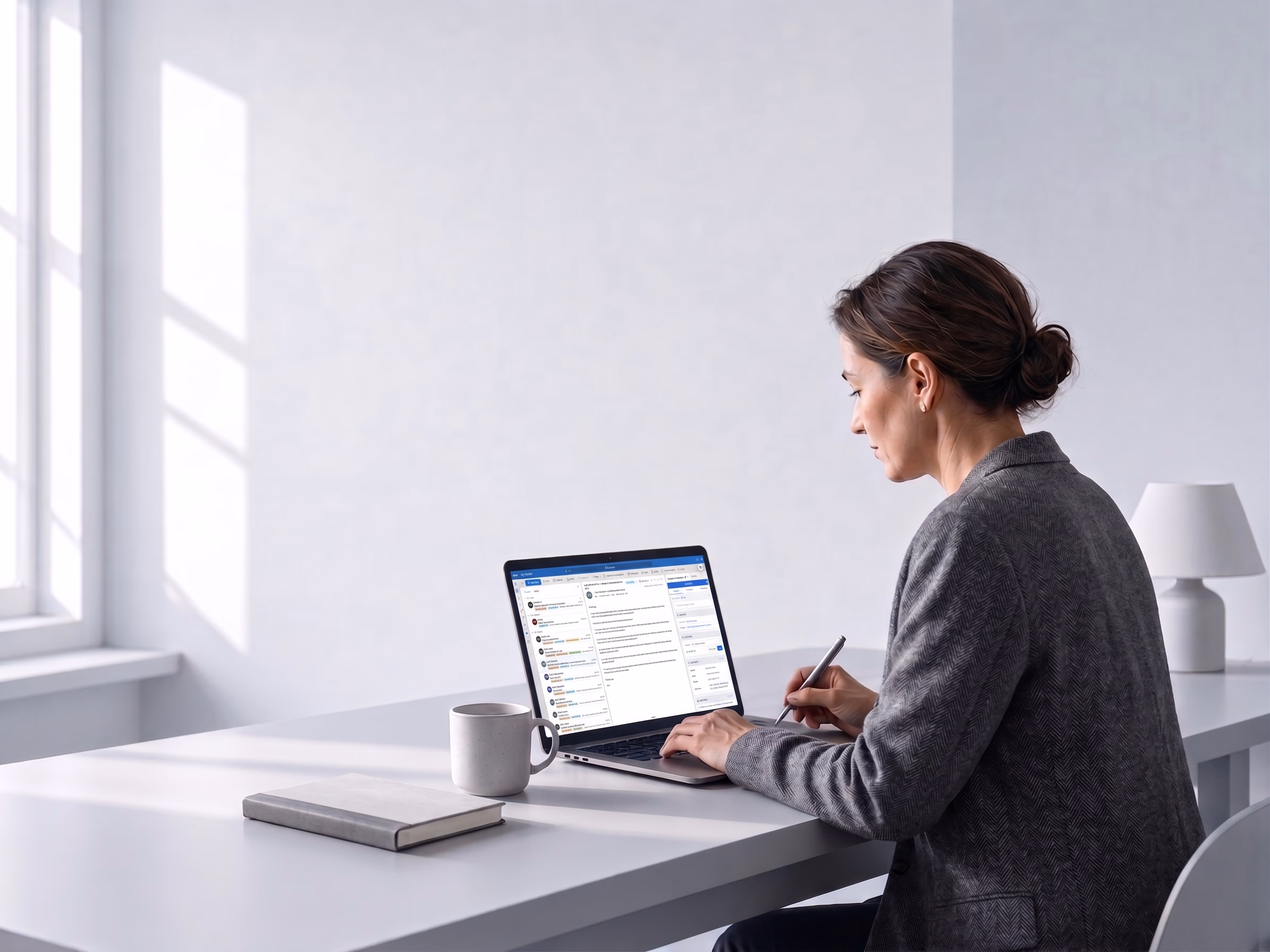 A legal professional reviewing email in Outlook at her desk