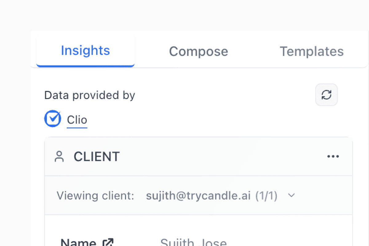 Candle showing client information from Clio inside an email